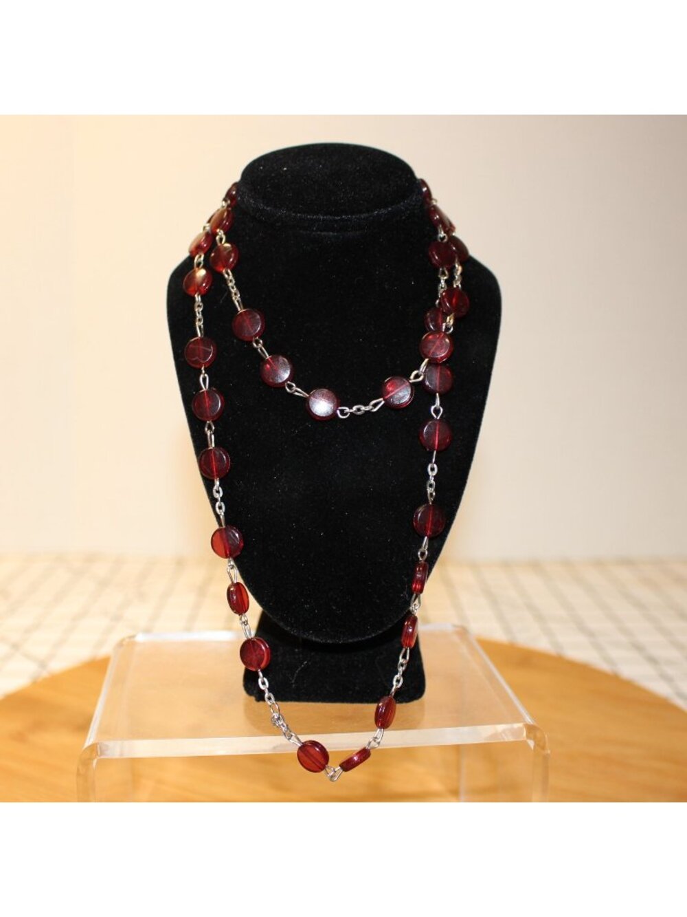 Vintage Red Lucite Disc Station Chain Necklace Long 34" Layering Opera Length